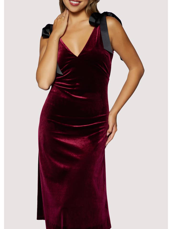 Plum Adorned Virtue Midi Dress - Velvet Holiday Romantic for wholesale on Faire2