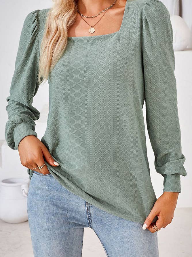 Comely Fashion - Wholesale Blouse - Women's - CF-HLL106 Square Neck Solid Jacquard Tshirt Long Sleeves Top20