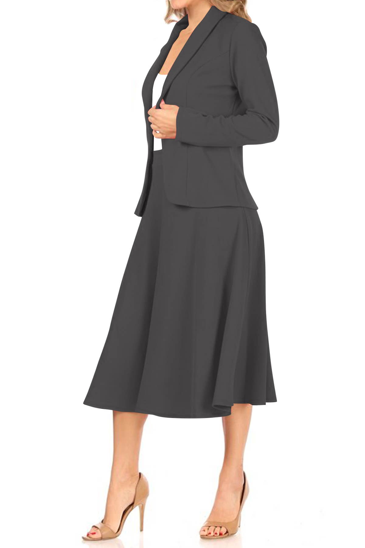 MOA COLLECTION - Wholesale Top & Skirt Set - Women's - Women's Two Piece Casual Blazer Relaxed A-Line Midi Skirt10