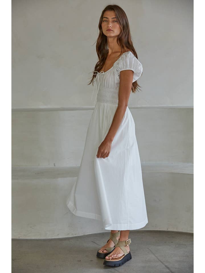 White L9507 | Woven Cotton Cap Sleeve Smocked Waist Midi Dress for wholesale on Faire2