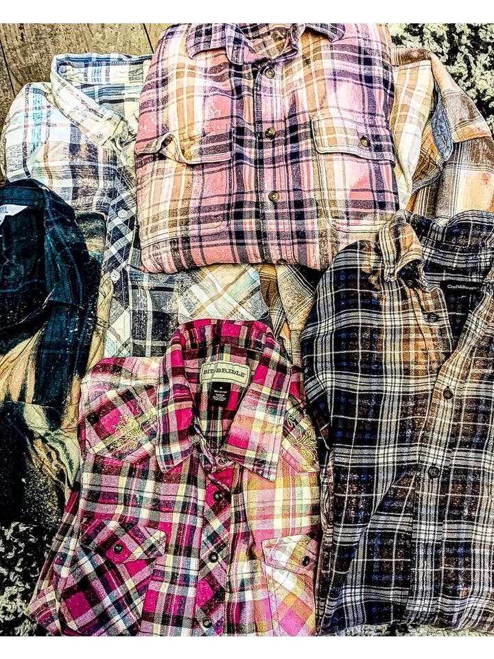 MM Custom Apparel - Wholesale Button Down Shirt - Women's - BLEACHED FLANNEL PLUS SIZE(1x/2x some 3x) UPCYCLED1