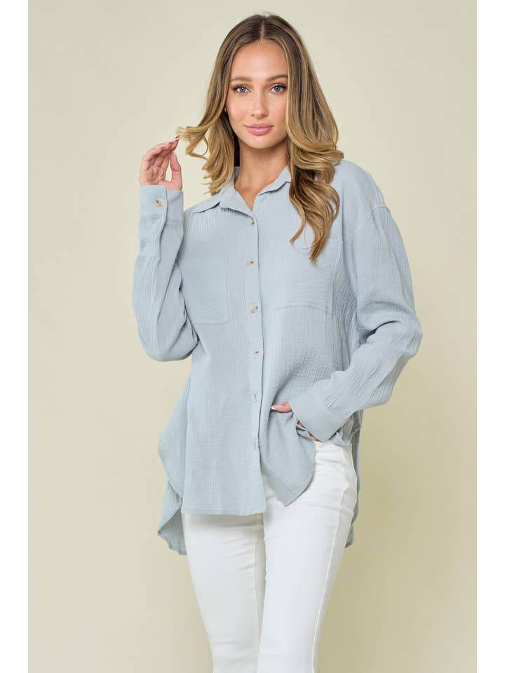 WISTERIA LANE - Wholesale Button Down Shirt - Women's - OVERSIZED GAUZE SHIRTING - 1353 LIGHT GREY 4