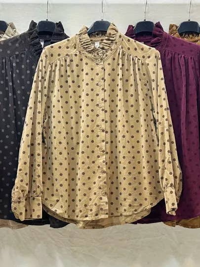 Mimi & Gogo - Wholesale Button Down Shirt - Women's - Velvet Polka Dot Shirt @69017_ChVPois6