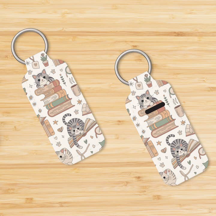 Cats and Books Book Lover Lip Balm Holder Keychain for wholesale by DaisyChainDesignCo