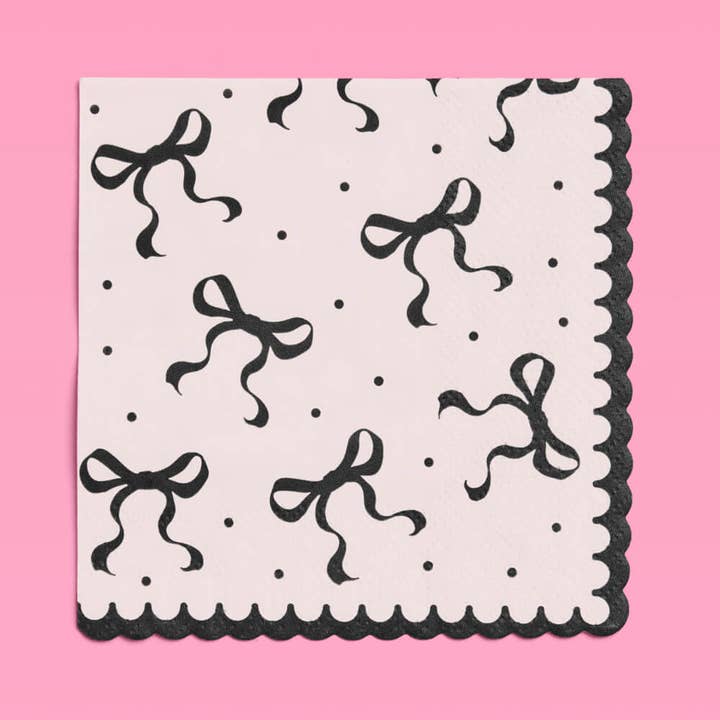 xo, Fetti - Wholesale Disposable Napkin - White Black Bow Cocktail Napkins | 24 Pack 3-Ply3