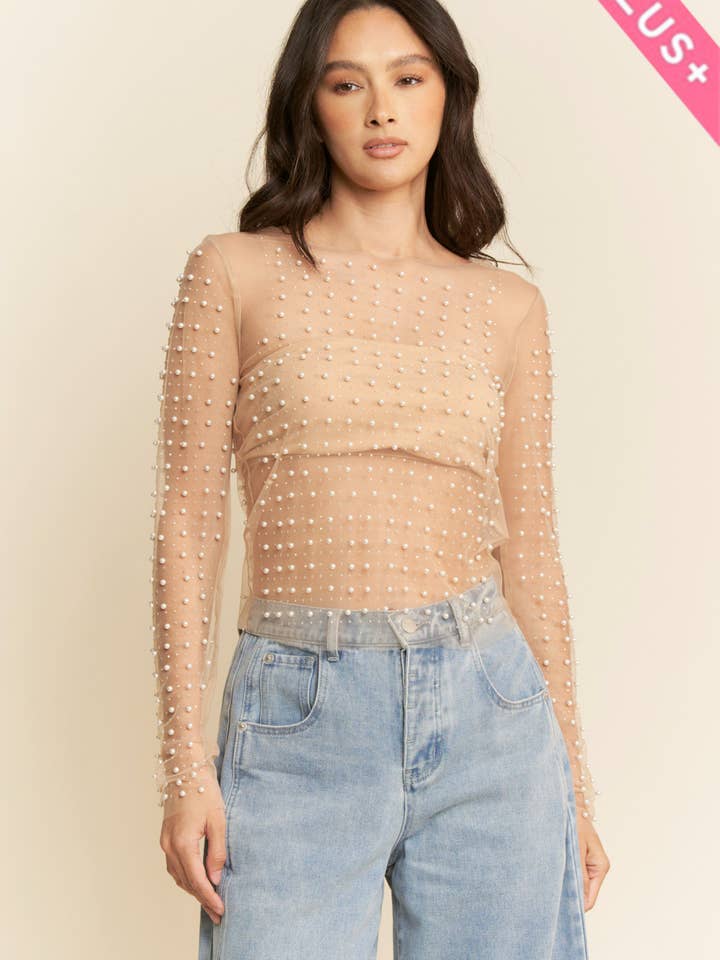 Davi & Dani - Wholesale Tank Top - Women's - PLUS BEAD PEARL EMBELLISHED LONG SLEEVES MESH TOP8