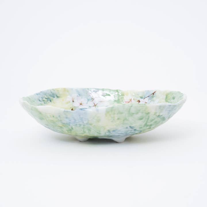 Tigela de servir oval artesanal em flor de cerejeira verde Mino Ware por atacado de U PLUS INC