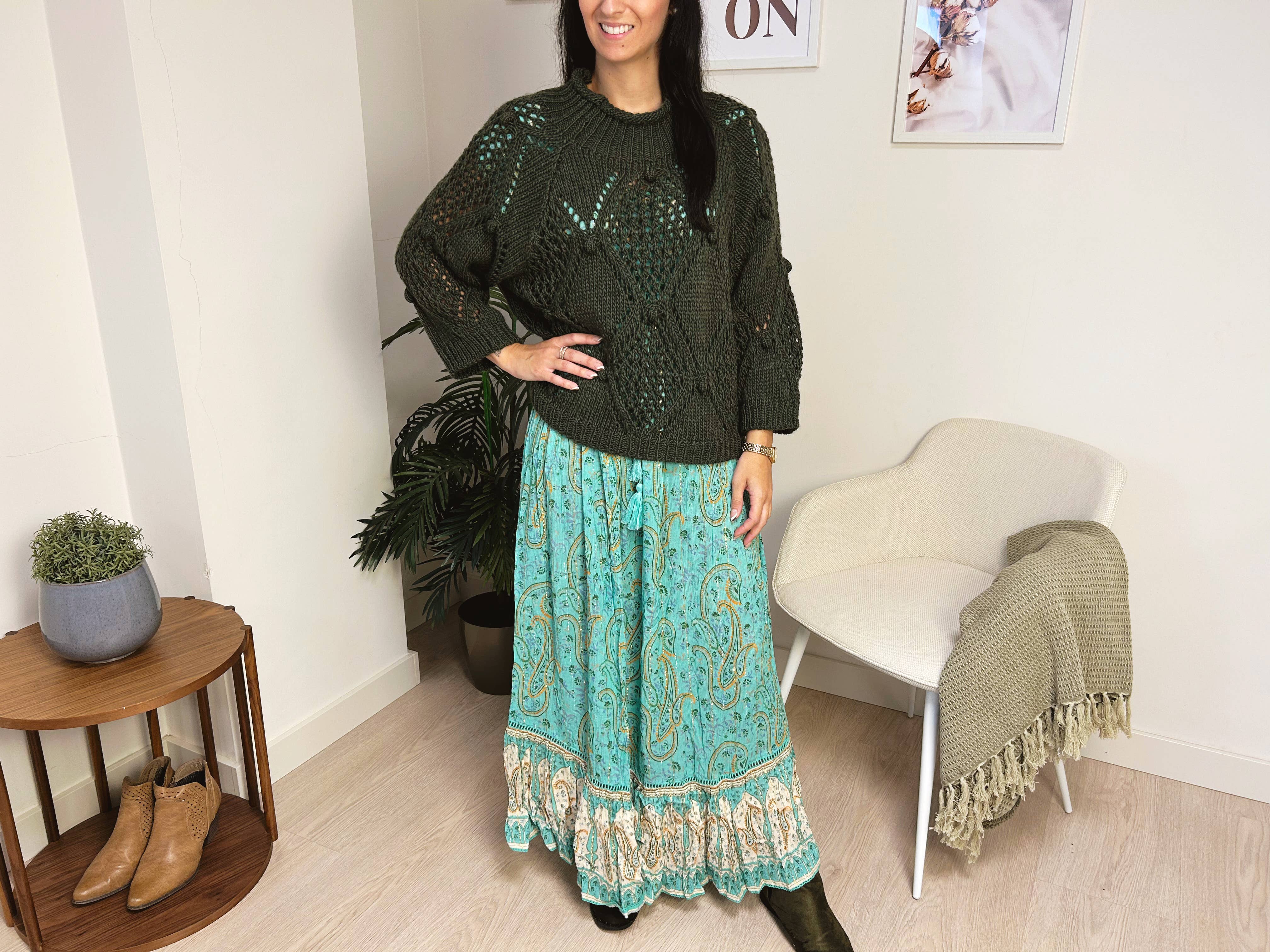 Lula Natura - Vente Robe – femme - Robe verte Selene à manches courtes et boutonnière6