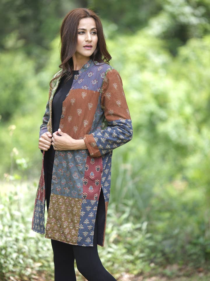 Rich, Earthy, Blockprint Patchwork Jacket for wholesale by Sacred Threads