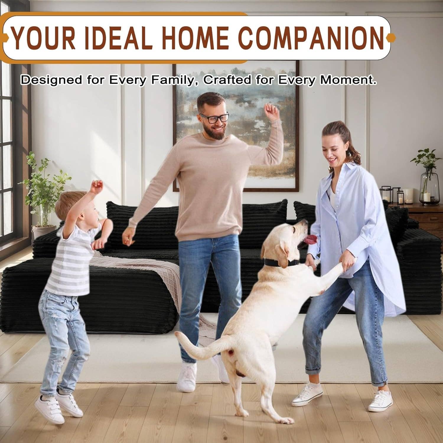 Jet Black 108 Inch L Shape Modular Sectional Sofa Corduroy Fabric For Living Room Comfort Everyday for wholesale on Faire4