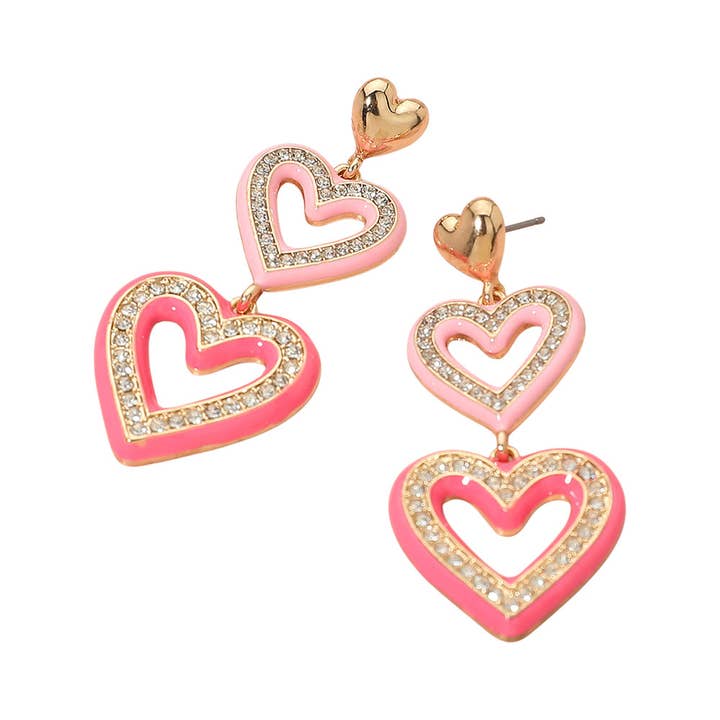 Sensibling Corp. - Wholesale Dangle Earrings - Rhinestone Paved Enamel Open Double Heart Link Drop Earrings1