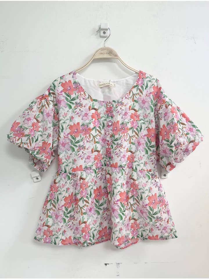 Floral Puff Sleeve Blouse, Watercolor Flowers for wholesale on Faire7