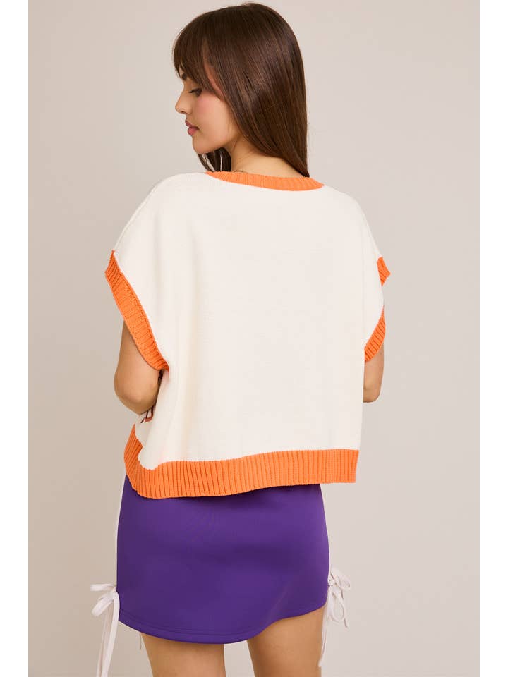 WHITE ORANGE ROUNDNECK KNIT SWEATER TOP WITH "GAMEDAY" LETTER IN SEQUINS for wholesale on Faire2