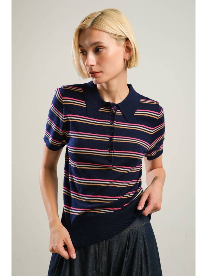 A stripe button down polo sweater top - FSW1112 NAVY M for wholesale on Faire3