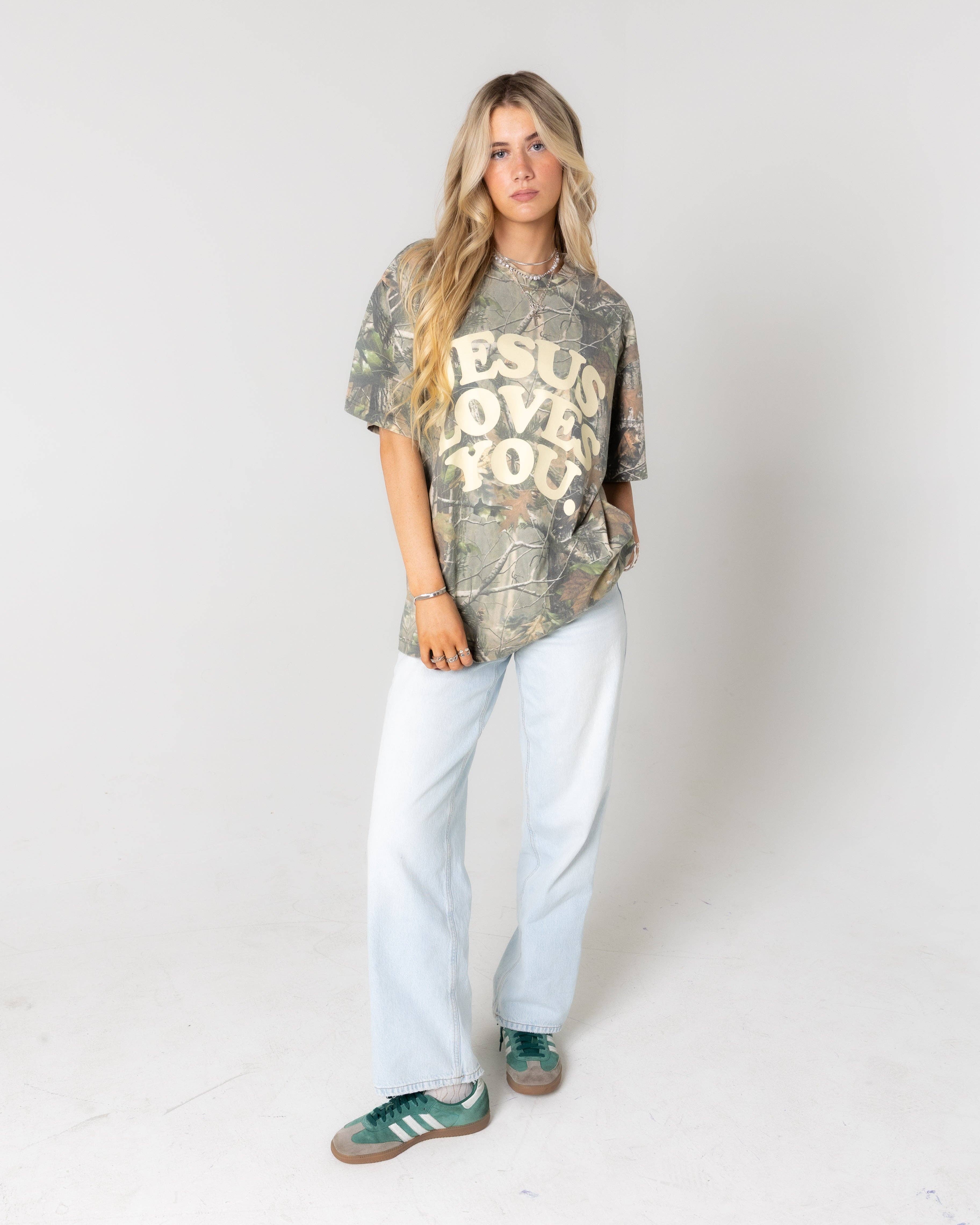 Jesus Loves You Company - Wholesale Screen Printed T-Shirt - Women's - LMTD || Heavyweight Camo Tee || Oversized {Pre-Order}