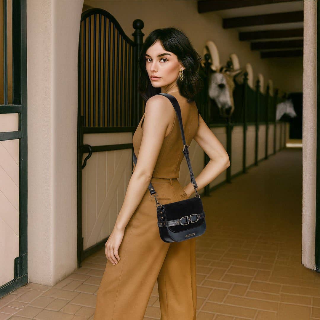 URBAN-EQUESTRIAN - Wholesale Crossbody Bag - Women's - Delaney - Equestrian Stirrup Crossbody Luxury Leather Handbag in Black on Black1