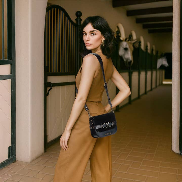 URBAN-EQUESTRIAN - Wholesale Crossbody Bag - Women's - Delaney - Equestrian Stirrup Crossbody Luxury Leather Handbag in Black on Black1