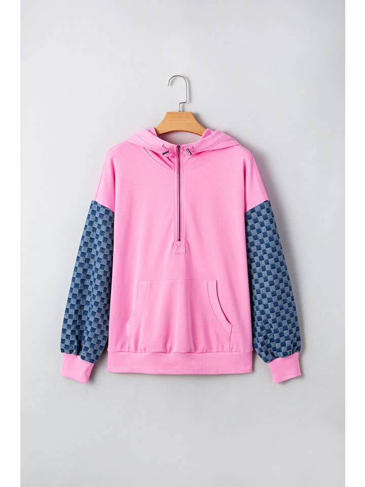 Bonbon Checker Patchwork Kangaroo Pocket Half-Zip Hoodie for wholesale on Faire4