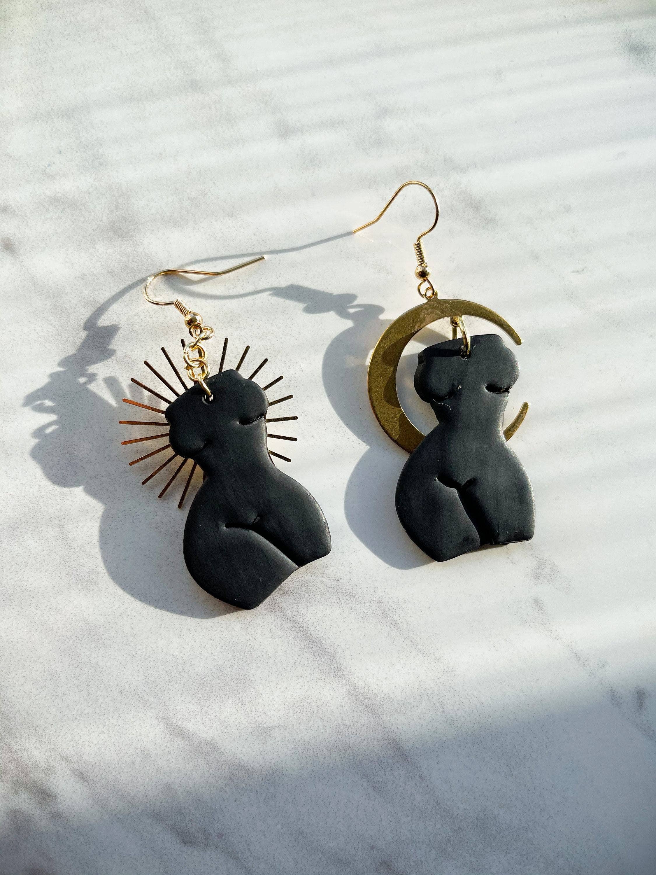 Black polymer clay earrings Minimalist black stamped arch earrings