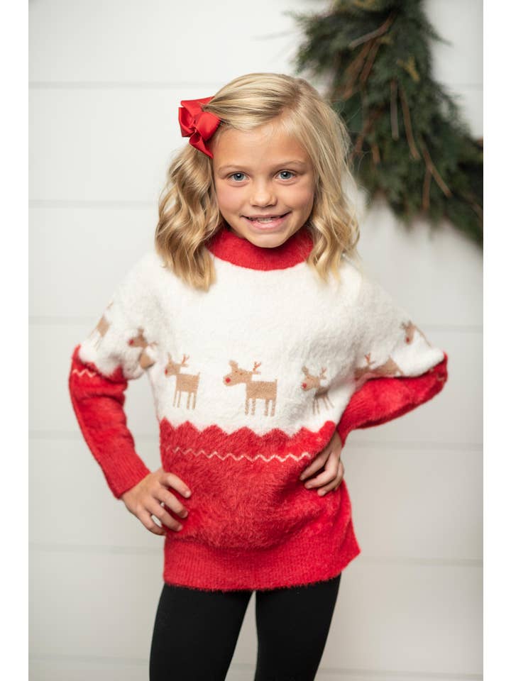Adorable Sweetness - Wholesale Knit Sweater - Kids - Kids Fuzzy Soft Christmas Holiday Reindeer Crew Neck Sweater