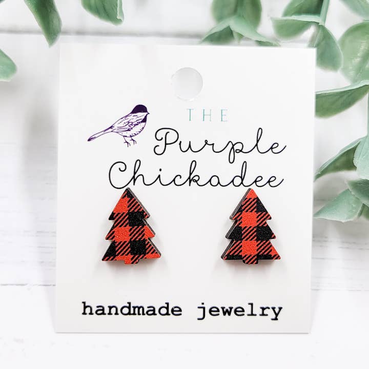 Red Plaid Christmas Tree Stud Earrings for wholesale by The Purple Chickadee