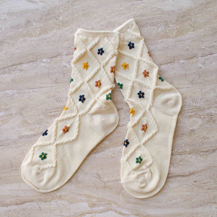 Cream Ann Cottage Floral Casual Socks for wholesale on Faire