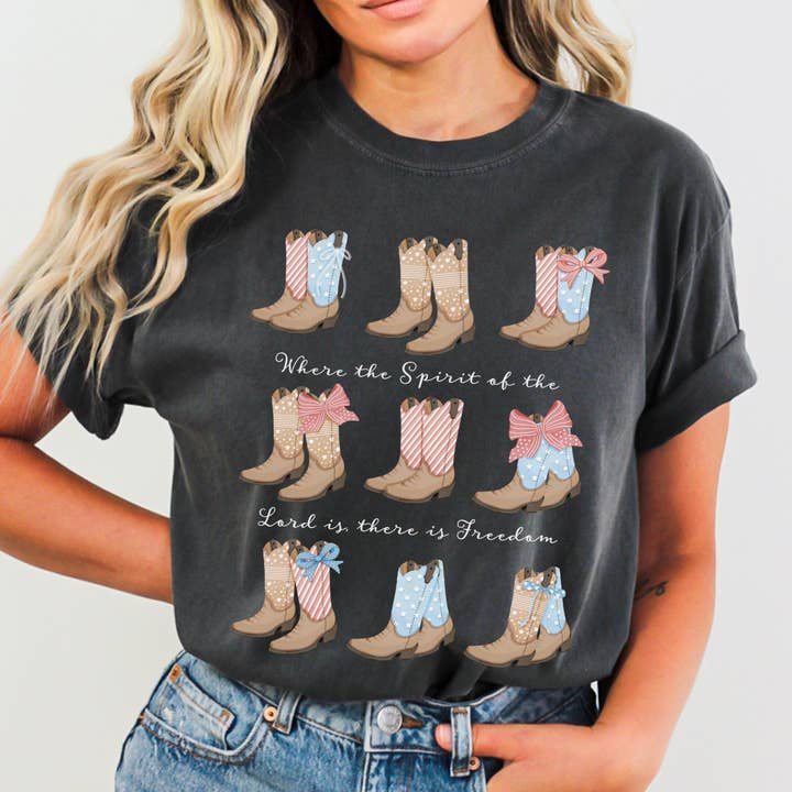 Scripted Pearl - Wholesale Screen Printed T-Shirt - Women's - Patriotic Cowboy Boots Comfort Colors Christian T-Shirt