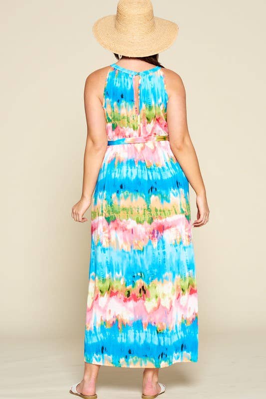 Blue Pink ETD-687-PL Tie Dye High Neck Maxi Dress for wholesale on Faire4