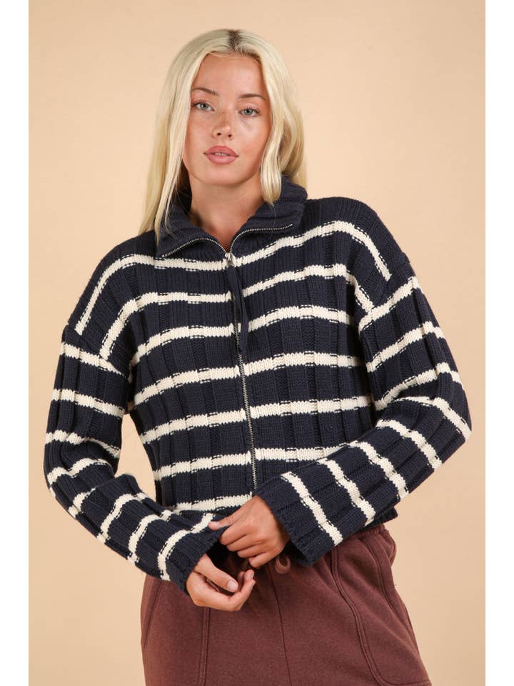 VERY J - Wholesale Cardigan - Women's - 12W3212N-Mock Neck Zipper Stripe Knit Sweater Cardigan