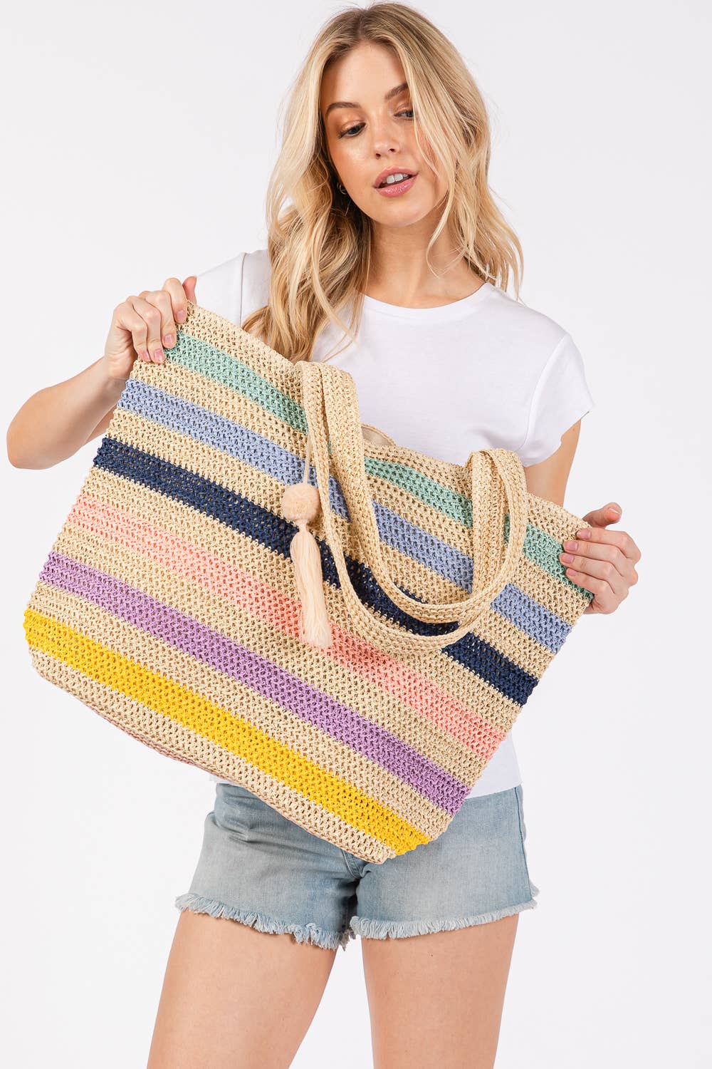 MiMi Wholesale - Wholesale Tote Bag - Women's - Amara Striped Crochet Women's Tote Bag with Tassel13