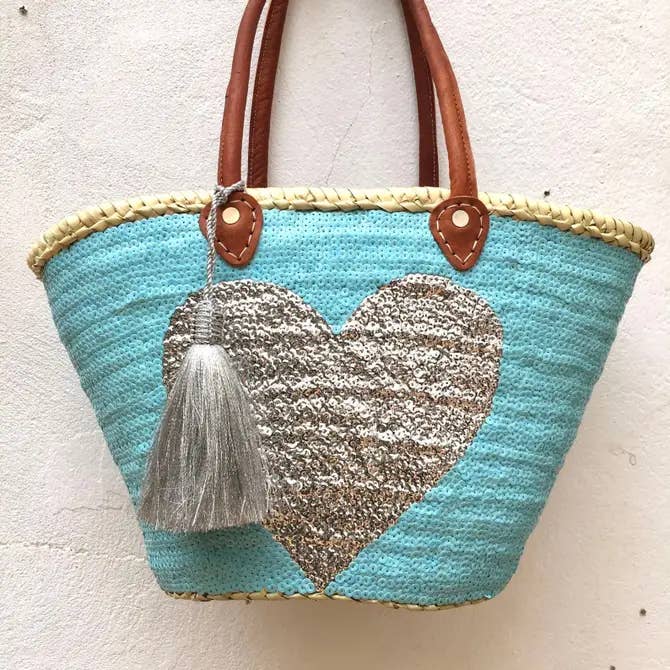 French basket tote bag with silver heart & tassel sequins for wholesale by Terracotta Design LTD