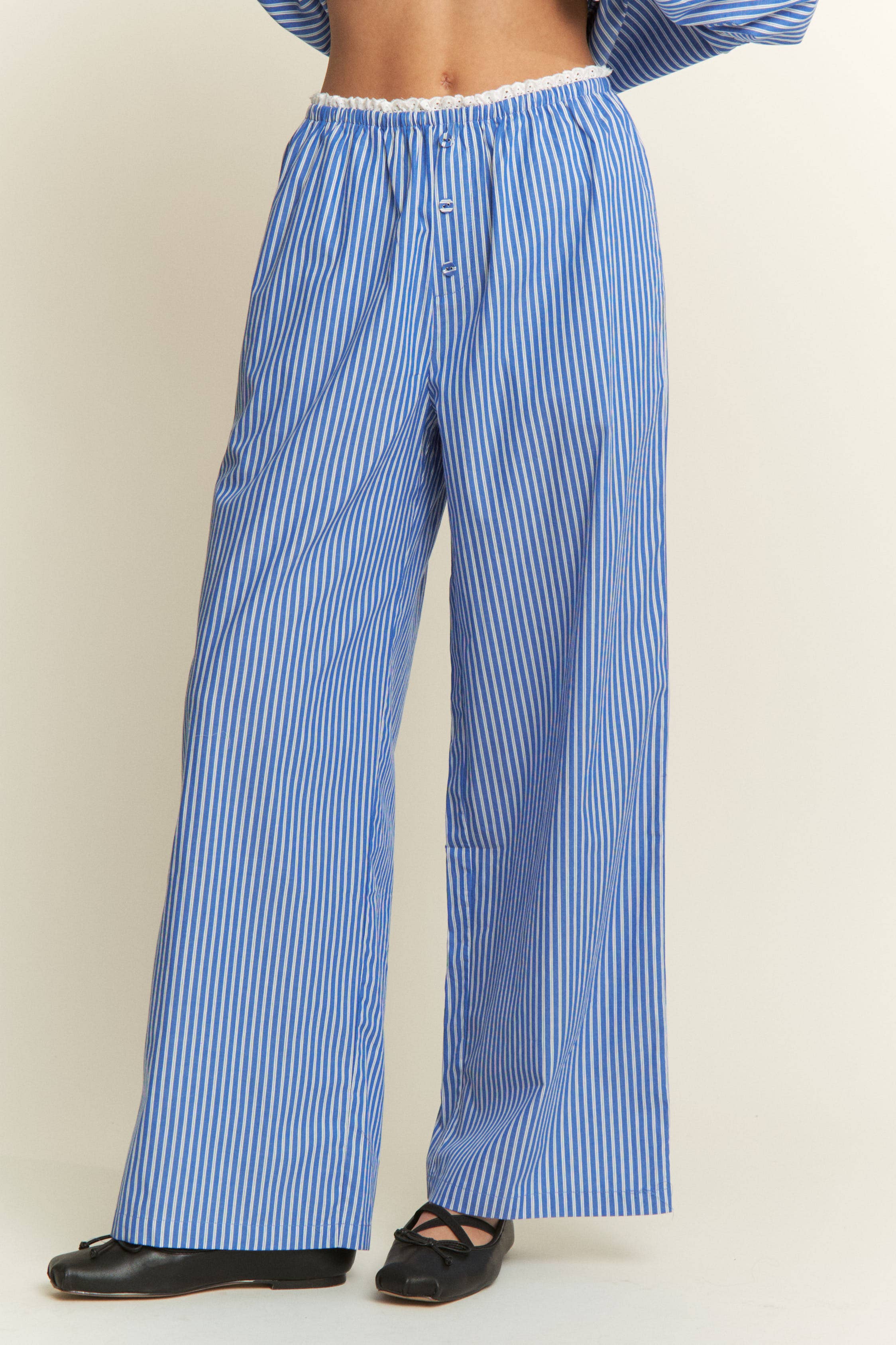 CANDESCENT - Wholesale Pants - Women's - Striped Wide Leg Lounge Pants with Lace Trim (Matching Set)1