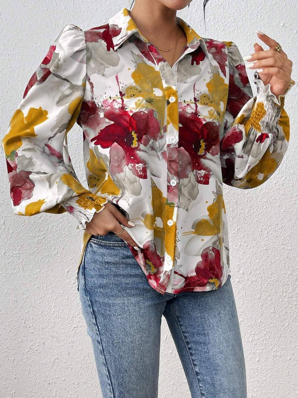 Fashion Combination - Wholesale Button Down Shirt - Women's - priv floral print lantern sleeve shirt13