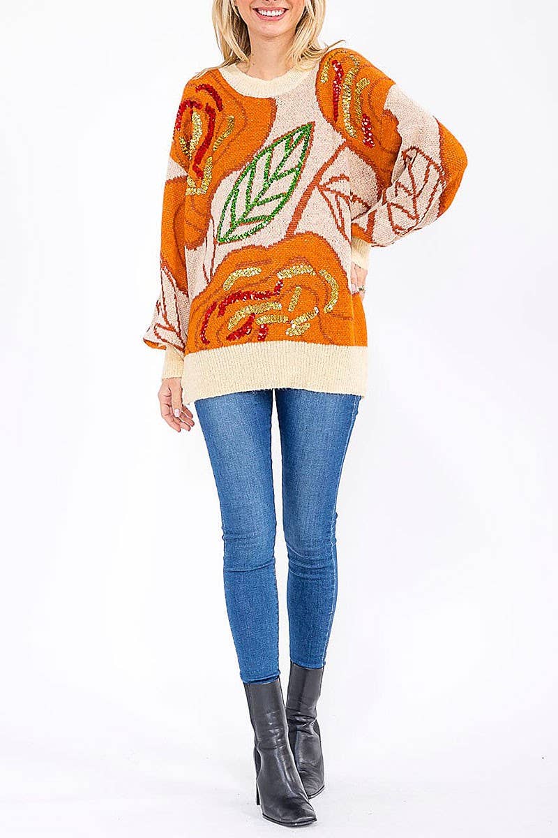 BEIGE MULTI LEAF PRINT SEQUINS PULLOVER KNIT SWEATER for wholesale on Faire1