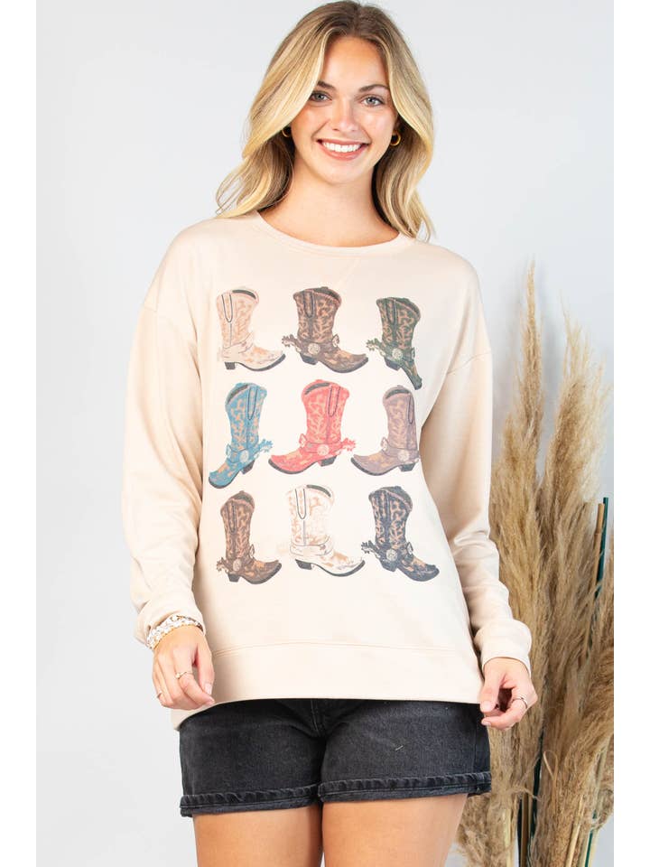 Khaki KC035-KACY WESTERN BOOOTS GRAFISK SWEATSHIRT for engroshandel på Faire