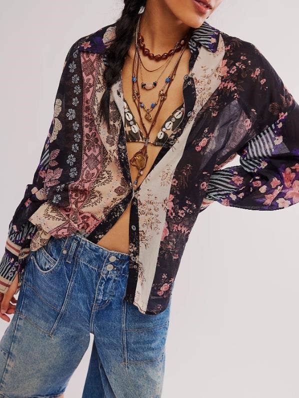 Rosa Clothing - Wholesale Button Down Shirt - Women's - Bohemia chic vibe Floral patchwork print button-up shirt10