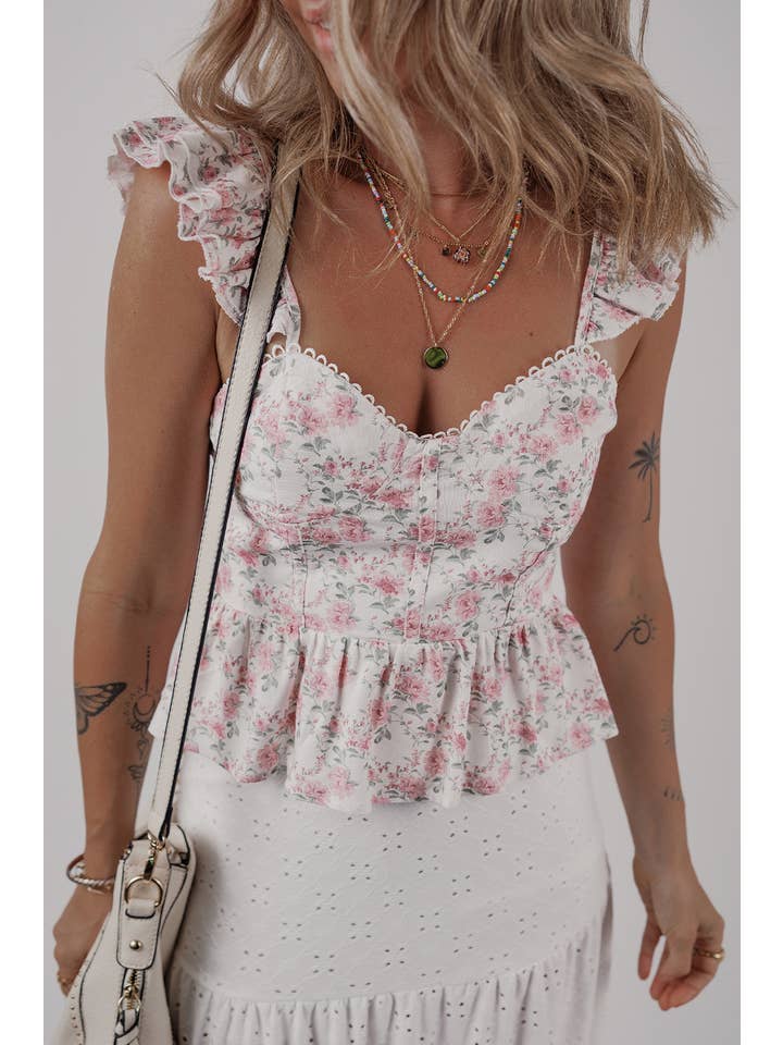 Pink LDC Floral Flutter Peplum Tank Top for wholesale on Faire