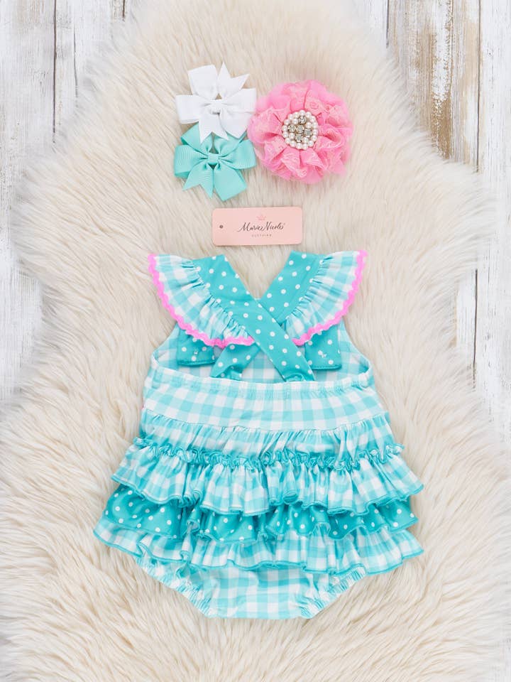Marie Nicole Clothing - Wholesale Bodysuit (Non-Footed) - Baby - Gingham Embroidered Flamingo Party Ruffle Bubble1