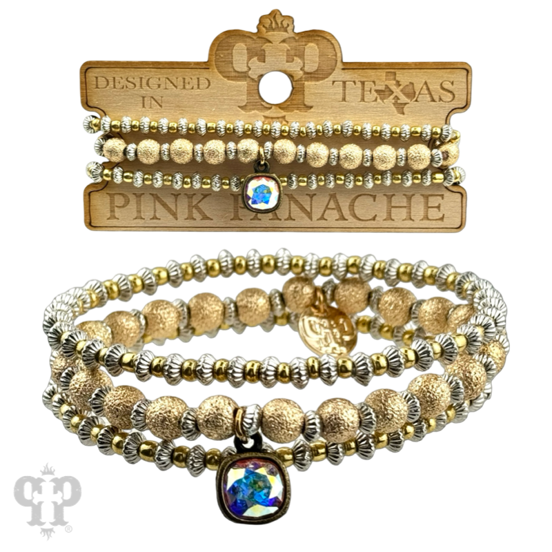 Pink Panache Brands - Wholesale Jewelry Set - Foil texture bead stacked bracelet with Austrian crystal0