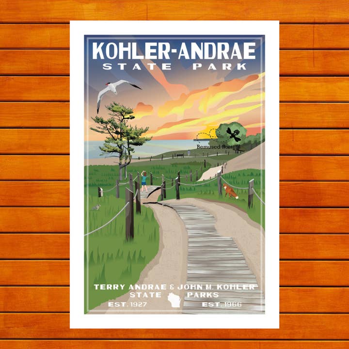 Kohler-Andrae State Park Retro Travel Poster Prints for wholesale by Bemused Creative