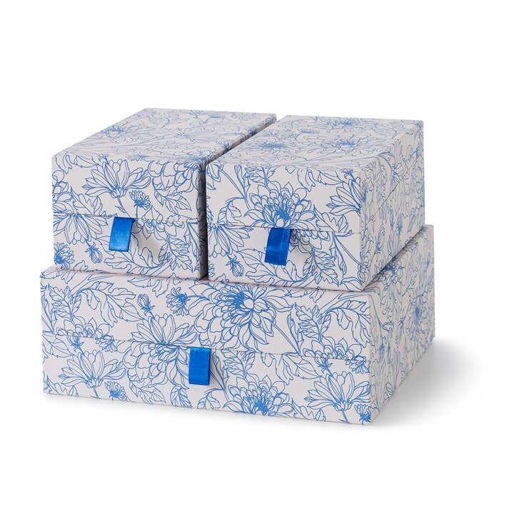 Set of 3 Blue Floral Decorative Boxes with Hinged Lids for wholesale by Soul & Lane