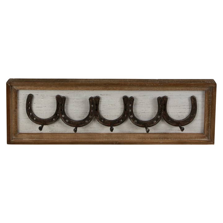 Cheungs Home Decor - Wholesale Wall Hook - Rustic Wood Frame Wall Rack with 5 Cast Iron Horseshoe Hooks