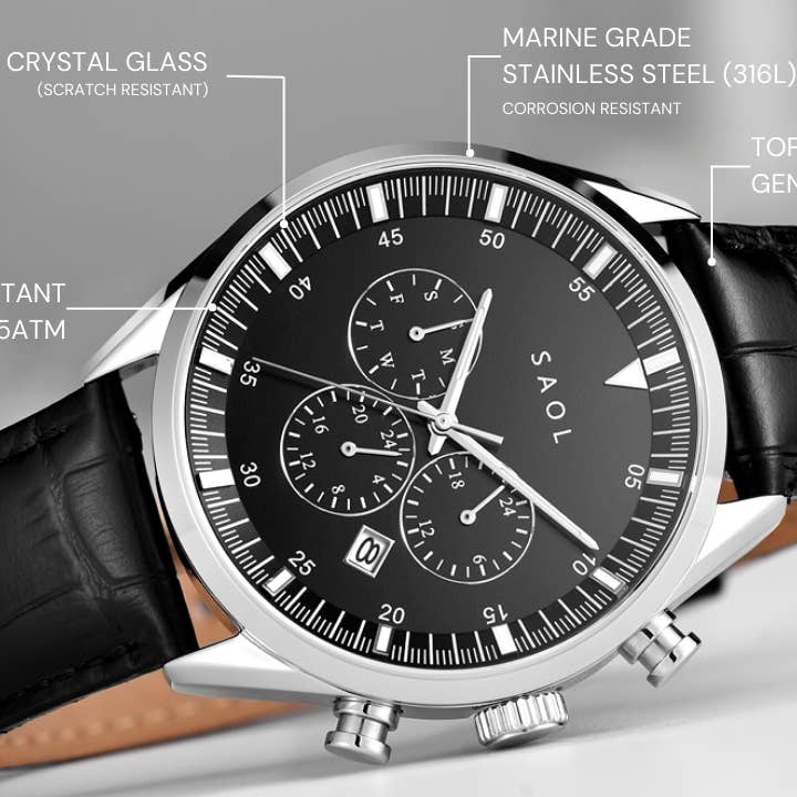 SAOL Watches - Wholesale Wrist Watch - Men's - Chronograph 43 - Men's Luxury Watch - Silver | Black w/blck leather