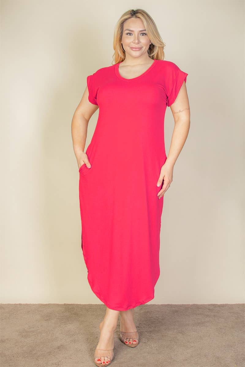 CAPELLA APPAREL - Wholesale Dress - Women's - Plus Size Hidden Pocket Batwing Sleeve V Neck Long Dress32