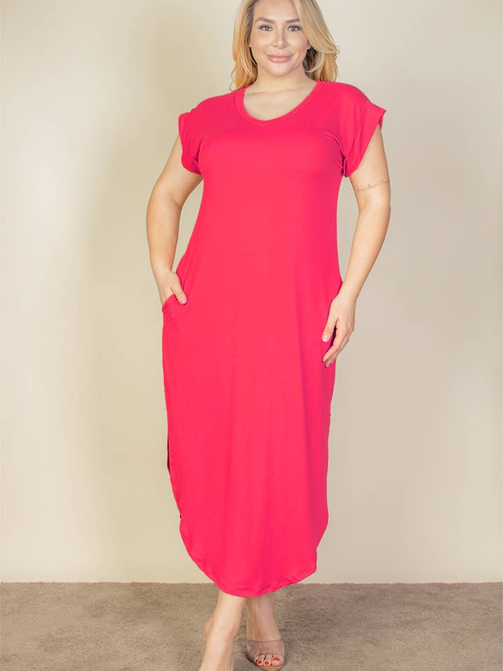 CAPELLA APPAREL - Wholesale Dress - Women's - Plus Size Hidden Pocket Batwing Sleeve V Neck Long Dress32