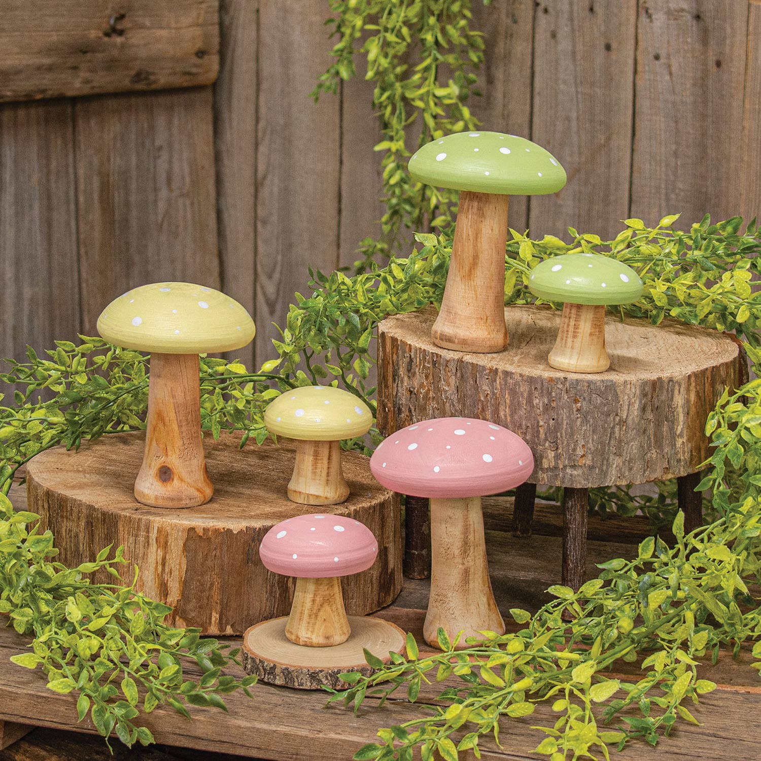 Bright Ideas - Wholesale Decorative Figurine - 2/Set Green Wooden Mushrooms2