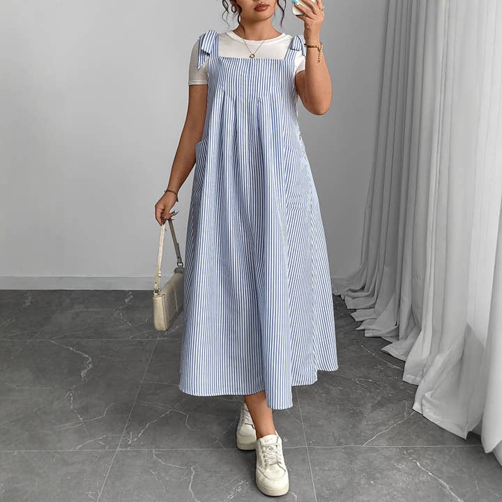 Blue Striped Suspender Dress Plus Size Comfortable Casual Dress for wholesale by DREAM VERA APPAREL