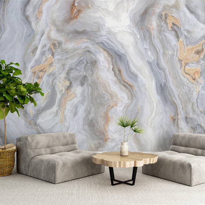 Grå marmor självhäftande tapet, beige ådring väggmålning för wholesale av SimurgWallArts
