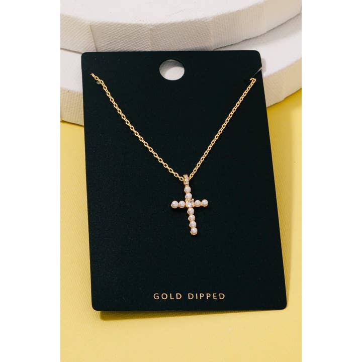 Gold Dipped Cz And Pearl Studded Cross Pendant Necklace for wholesale on Faire