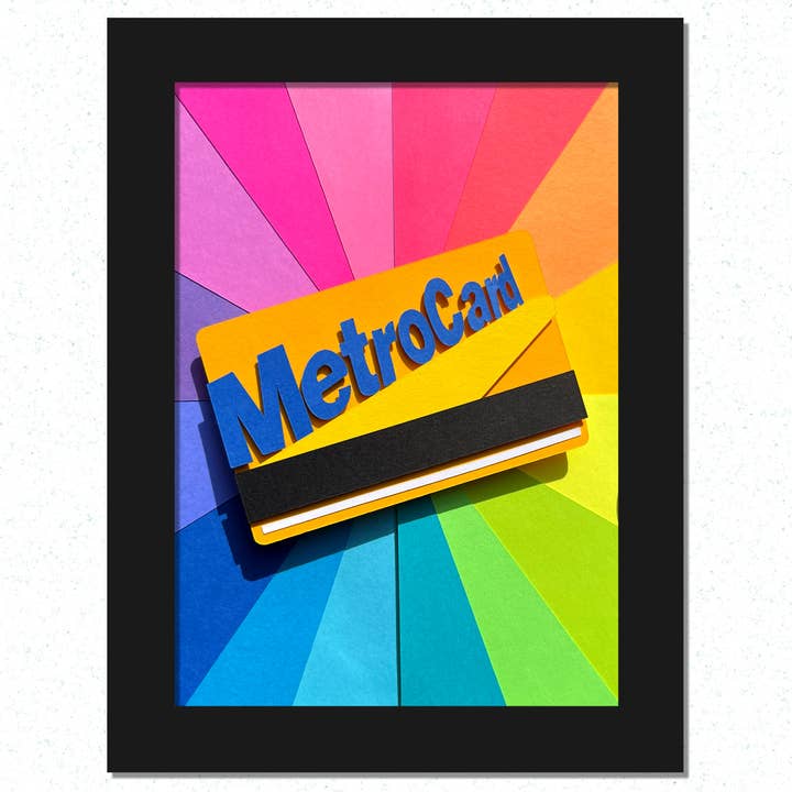 NYC Metro Card (rainbow) Framed, Handmade, Paper Art Piece for wholesale by Paper for the People